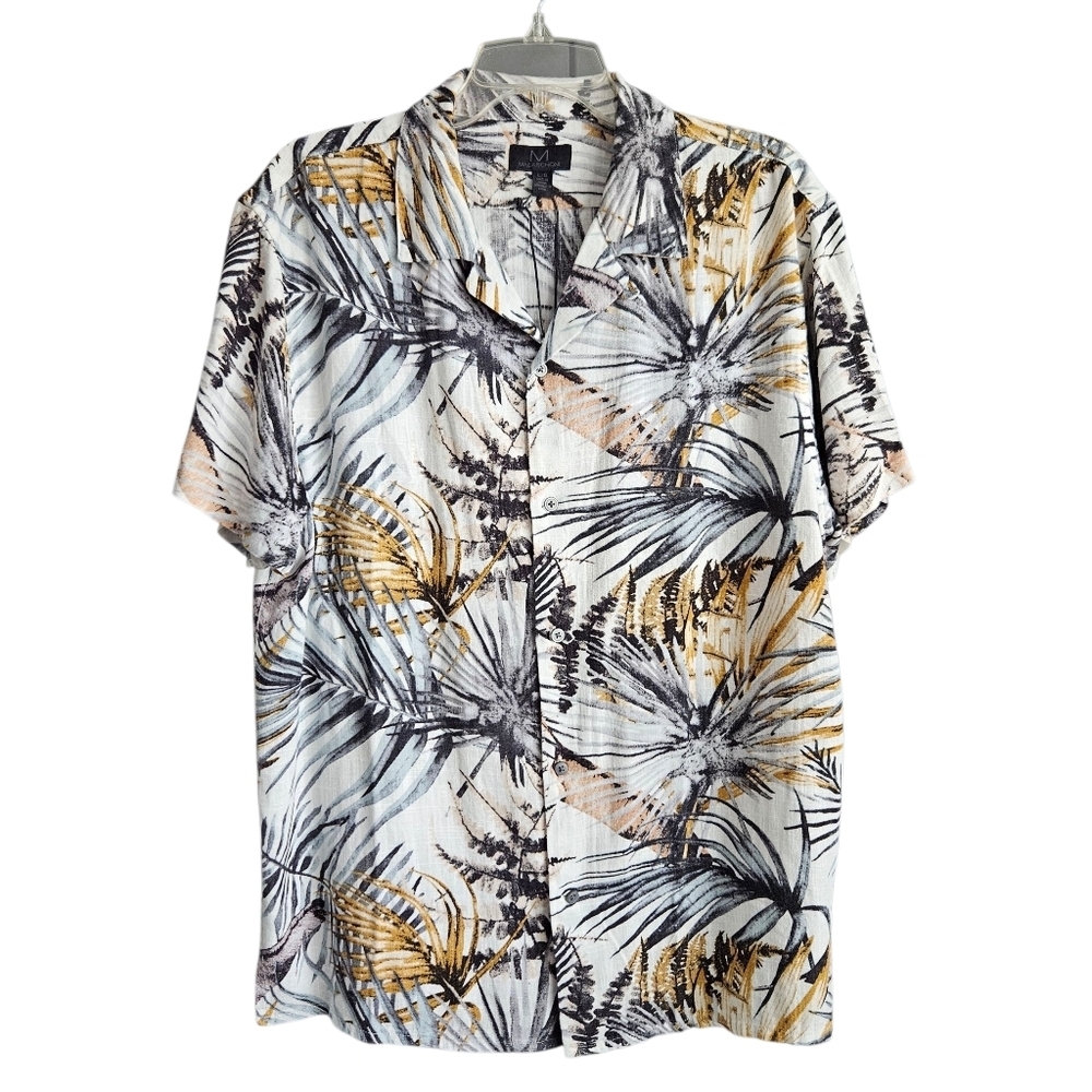 Magaschoni Mens Tropical Print Linen Blend Short Sleeve Button Up Size Large NWT